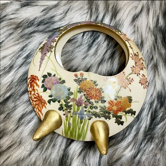 Antique Porcelain Japanese Satsuma Moon Vase Hand Painted Filigree Floral Bamboo - Picture 2 of 7